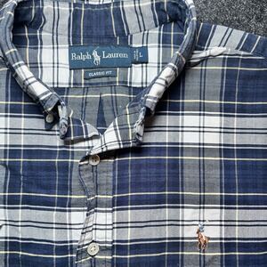 Ralph Lauren Oxford Shirt Mens L Blue Plaid Flesh Pony Classic Fit Short Sleeve
